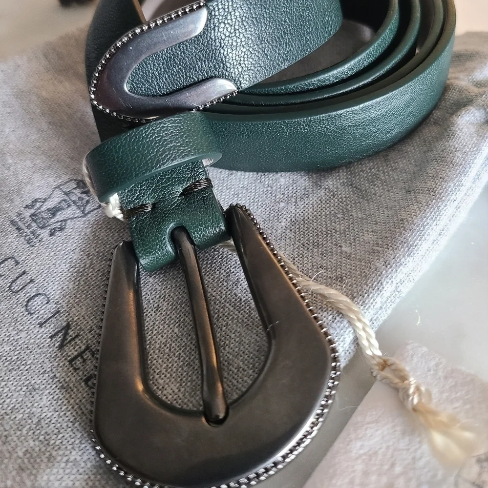 Brunello Cucinelli Leather Belt, Size Medium, Green, NWT
